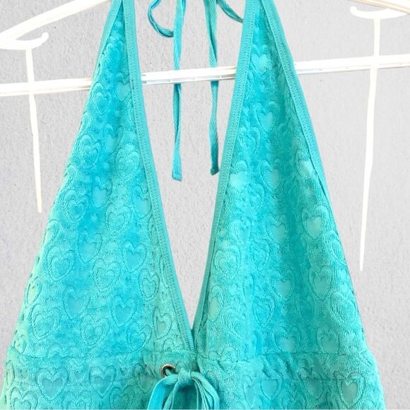 Y2K terrycloth halter turquoise mini dress swim cover - Picture 6 of 9